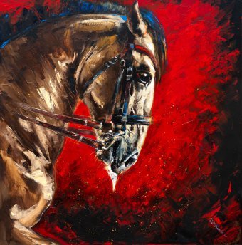 Painting "Held in Fire" by painter Anna Ravliuc oil canvas at Jose Art Gallery