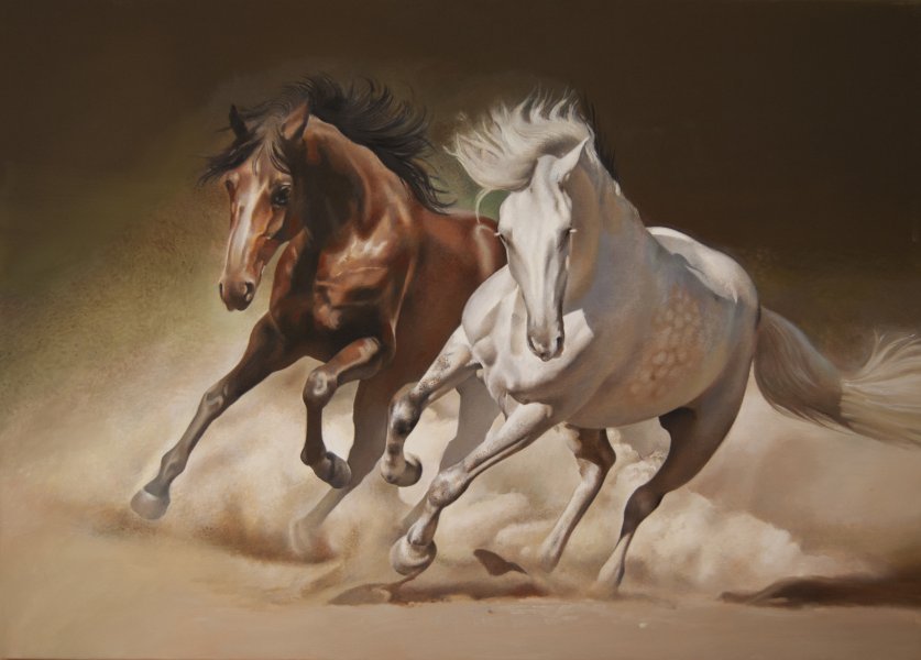 Fotorealismo Animalistico Pittura "Cavalli selvaggi: spirito indomito in movimento" pittore Valeri Tsvetkov olio tela 