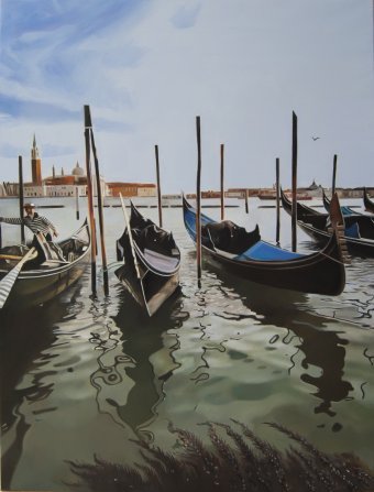 Pittura "Riflessi di barche a Venezia nel Canale Blu", pittore Valeri Tsvetkov olio tela alla Jose Art Gallery
