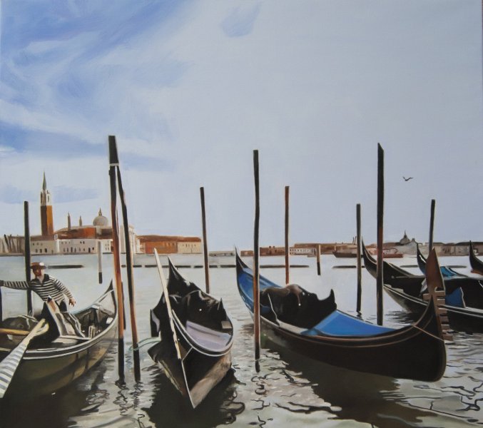 Immagine aggiuntiva 1: Fotorealismo Paesaggio Pittura "Riflessi di barche a Venezia nel Canale Blu", pittore Valeri Tsvetkov olio tela 
