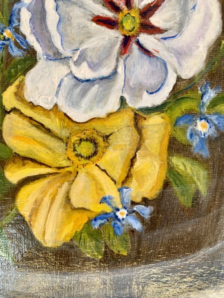 Additional view 3: Symbolism Flower Painting Present time and past time by painter Angelo Ferro oil cardboard 