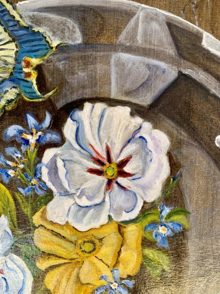 Additional view 4: Symbolism Flower Painting Present time and past time by painter Angelo Ferro oil cardboard 