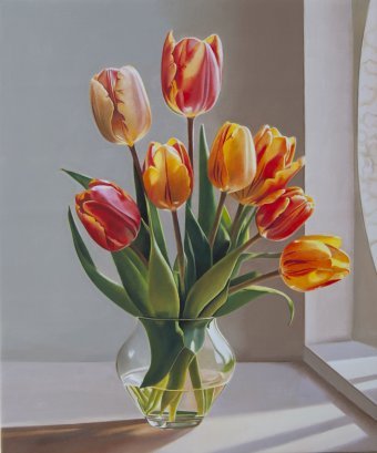 Painting "Vibrant Tulip Bouquet in Vase" by painter Valeri Tsvetkov oil canvas at Jose Art Gallery