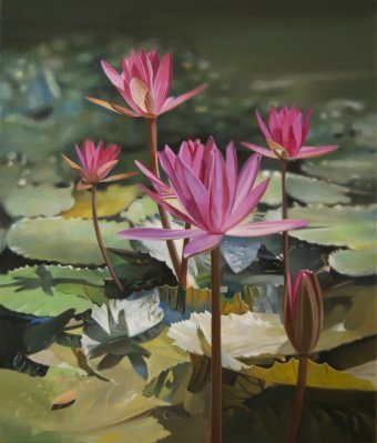 Pittura "Ninfee rosa in fiore", pittore Valeri Tsvetkov olio tela alla Jose Art Gallery
