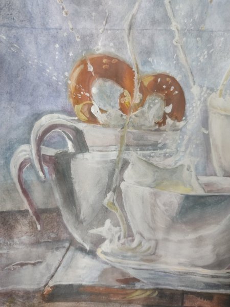 Additional view 2: Realism Still-Life Painting Milk splashes by painter Salome Goglidze gouache paper 