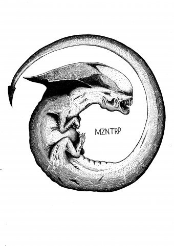 Graphique "Ouroboros extraterrestre", illustrateur MZNTRP encre papier à la Jose Art Gallery