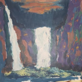 Painting "Waterfall Late Evening Reflections" by painter Elmir Tatar acrylic canvas at Jose Art Gallery
