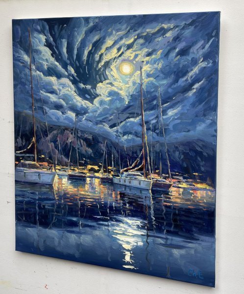 Dodatkowy obraz 1: Impresjonizm Pejzaż morski Malarstwo "Moon Harbor", malarz Yevgeny Chernyakovsky olej płótno 