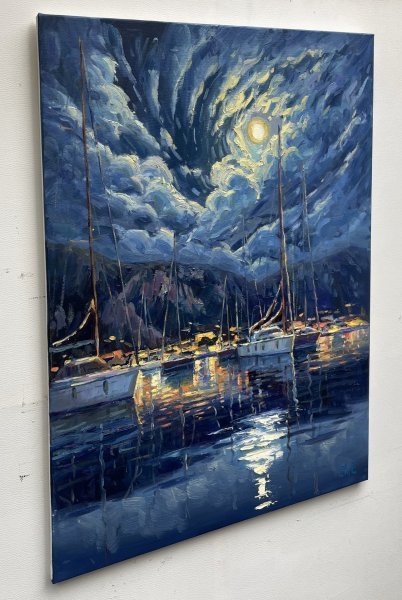Dodatkowy obraz 2: Impresjonizm Pejzaż morski Malarstwo "Moon Harbor", malarz Yevgeny Chernyakovsky olej płótno 