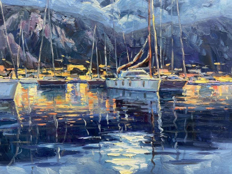 Dodatkowy obraz 3: Impresjonizm Pejzaż morski Malarstwo "Moon Harbor", malarz Yevgeny Chernyakovsky olej płótno 