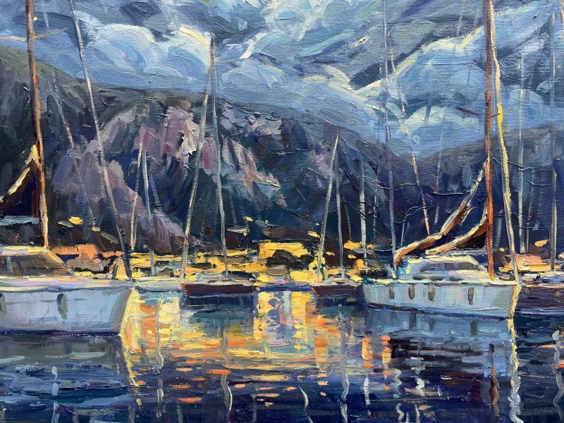 Dodatkowy obraz 4: Impresjonizm Pejzaż morski Malarstwo "Moon Harbor", malarz Yevgeny Chernyakovsky olej płótno 