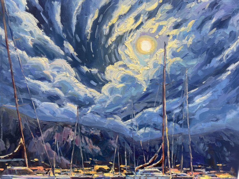 Dodatkowy obraz 5: Impresjonizm Pejzaż morski Malarstwo "Moon Harbor", malarz Yevgeny Chernyakovsky olej płótno 