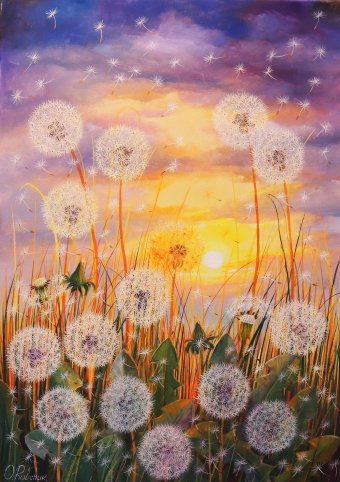 Peinture "Fleurs magiques du soir : Rêves de pissenlit", peintre Oleg Riabchuk huile toile à la Jose Art Gallery