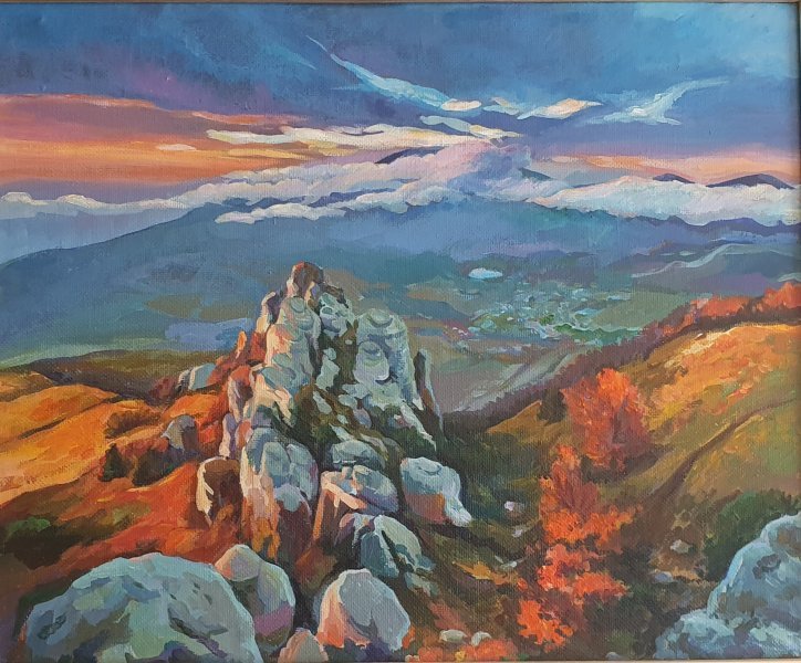 Realizm Pejzaż Malarstwo "Zachód słońca w górach" malarz Oksana Potomkina akryl płótno 
