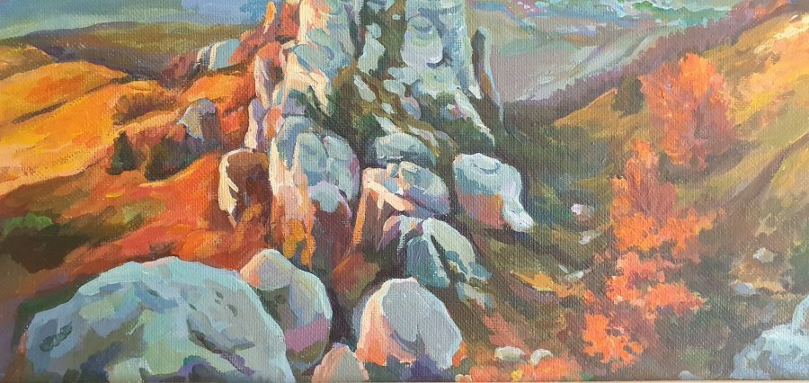 Dodatkowy obraz 1: Realizm Pejzaż Malarstwo "Zachód słońca w górach", malarz Oksana Potomkina akryl płótno 