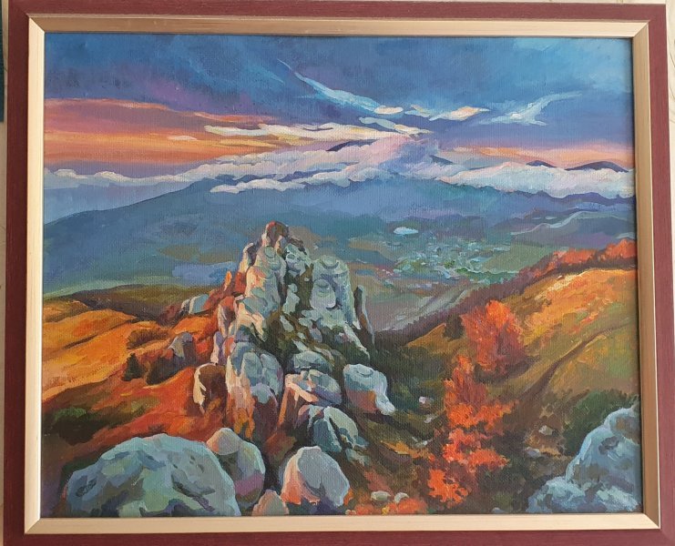 Dodatkowy obraz 2: Realizm Pejzaż Malarstwo "Zachód słońca w górach", malarz Oksana Potomkina akryl płótno 