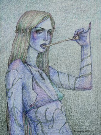 Drawing "Mermaid" by illustrator Q May engraving paper at Jose Art Gallery