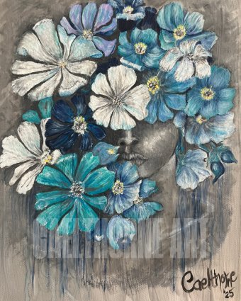 Painting "Ashes of Grace Blue Cosmos Portrait" by painter Caelthorne Art acrylic canvas at Jose Art Gallery