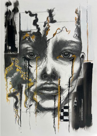 Графика "Разбитая идентичность в абстрактном портрете", иллюстратор Caelthorne Art смешанная техника бумага в Jose Art Gallery