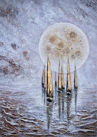 Painting "The moon's melody of golden sa" by painter Yuliia Kiselova acrylic canvas at Jose Art Gallery