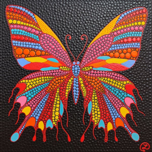 Colorful Butterfly Dot Art Mosaic Painting by Oxana Lazari