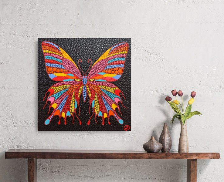 Colorful Butterfly Dot Art Mosaic Painting by Oxana Lazari