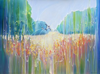 Pittura "Danza estiva sul prato", pittore Gill Bustamante olio tela alla Jose Art Gallery