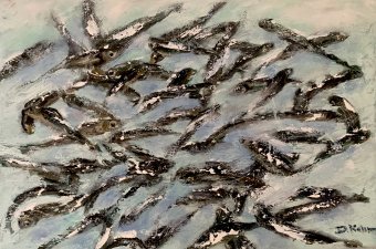 Pintura "Anchoas nadadoras", pintor Dora Kalinova óleo lienzo en Jose Art Gallery