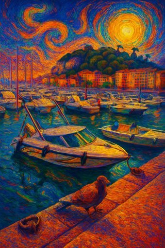 Arte digital "Port azuré au coucher du solei", artista digital Trinity Nova en Jose Art Gallery