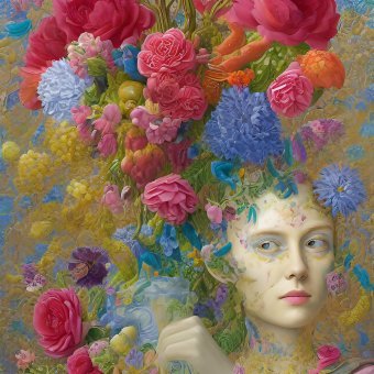 Digital Art "Colorful Floral Face Puzzle Art" by digital artist MeaHau at Jose Art Gallery