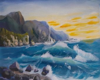Painting "In the Bay of Dawn: Morning Freshness of the Sea" by painter Fa Ley acrylic canvas at Jose Art Gallery