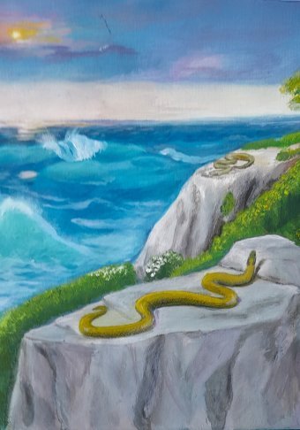 Painting "Sea and snakes of the Tropical island" by painter Fa Ley acrylic paper at Jose Art Gallery
