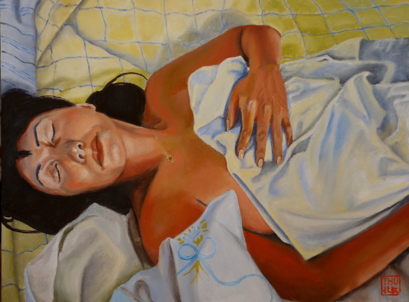 Arte moderno Retrato Pintura "Dulces sueños mi amor: Momentos íntimos de calma" pintor Thu Nguyen óleo lienzo 