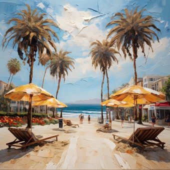 Pittura "Ombrelloni da spiaggia gialli", pittore Selena Sashina olio tela alla Jose Art Gallery