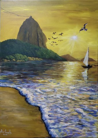 Painting "Golden reflections of Guanabara" by painter Alex Carvalho acrylic canvas at Jose Art Gallery