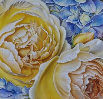 Pittura "Oro di rose e seta di ortensie", pittore Elena Ivanova olio tela alla Jose Art Gallery