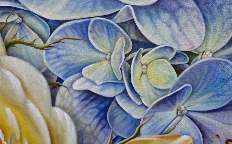 Immagine aggiuntiva 3: Fotorealismo Floreale Pittura "Oro di rose e seta di ortensie", pittore Elena Ivanova olio tela 