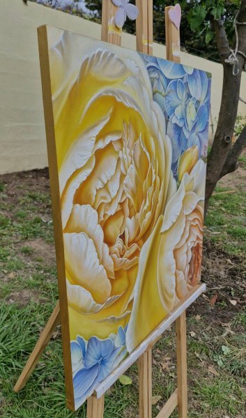 Immagine aggiuntiva 5: Fotorealismo Floreale Pittura "Oro di rose e seta di ortensie", pittore Elena Ivanova olio tela 