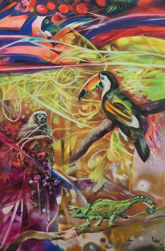 Peinture "Aube dorée : la danse de la vie", peintre Jorge Calero acrylique toile à la Jose Art Gallery