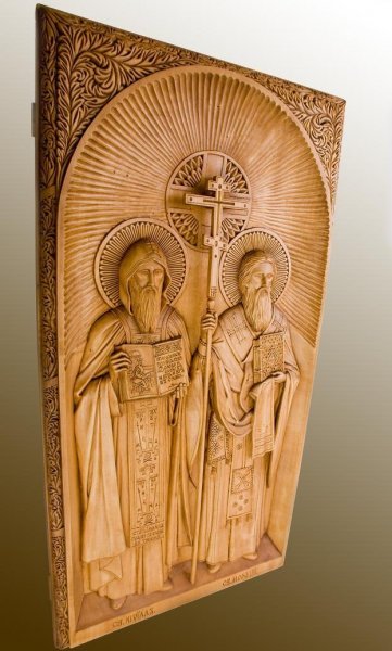 Baroque History Sculpture Icon of Saints Cyril and Methodius tree by sculptor Serhii Dobrovolskyi Wood 