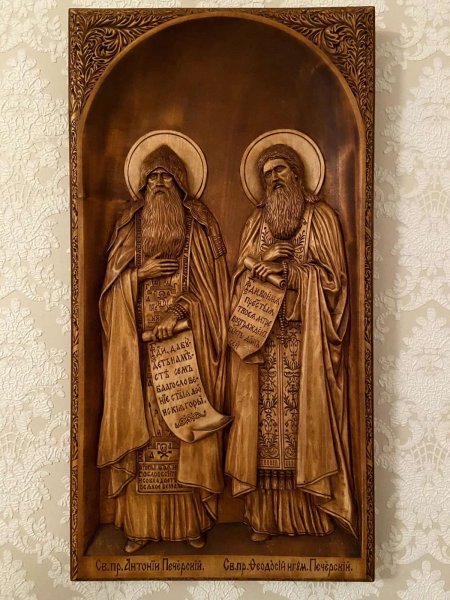 Baroque History Sculpture Icon of St. Anthony and Theodosius by sculptor Serhii Dobrovolskyi Wood 
