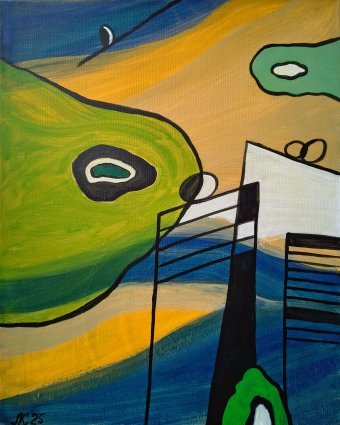 Painting "Still Life in Green: Play of Light and Shadow" by painter Lena Kolambet acrylic canvas at Jose Art Gallery