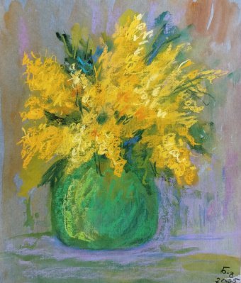Painting "Mimosa Flower in Green Vase –" by painter Nino Gudadze pastel paper at Jose Art Gallery
