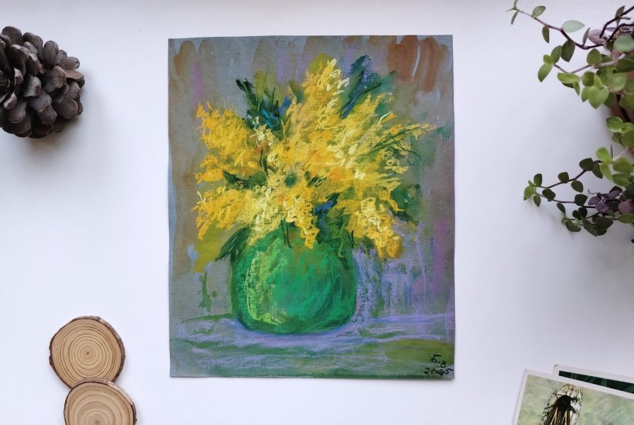 Additional view 1: Expressionism Still-Life Painting Mimosa Flower in Green Vase – by painter Nino Gudadze pastel paper 