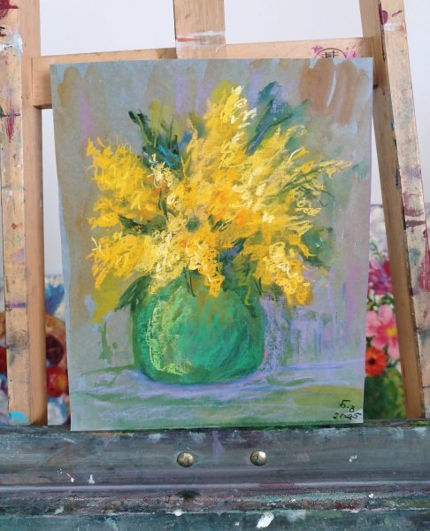 Additional view 2: Expressionism Still-Life Painting Mimosa Flower in Green Vase – by painter Nino Gudadze pastel paper 