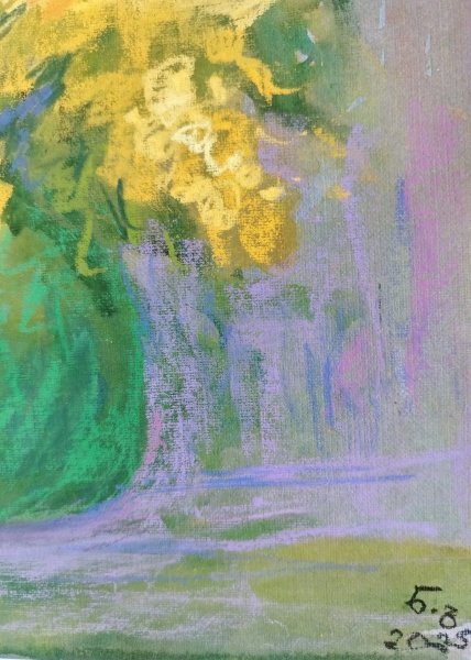 Additional view 3: Expressionism Still-Life Painting Mimosa Flower in Green Vase – by painter Nino Gudadze pastel paper 