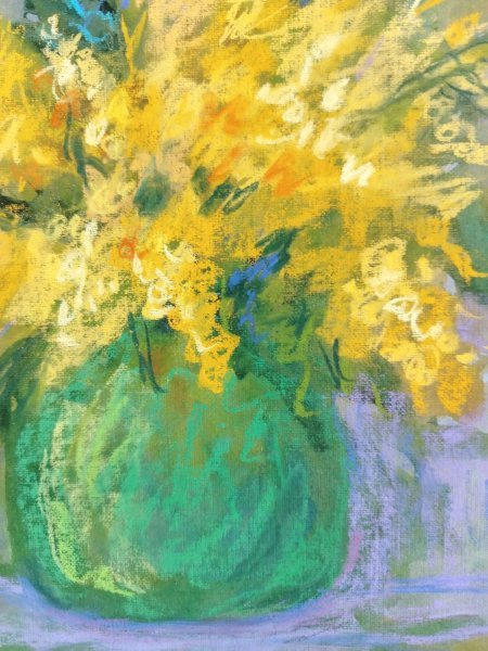 Additional view 4: Expressionism Still-Life Painting Mimosa Flower in Green Vase – by painter Nino Gudadze pastel paper 