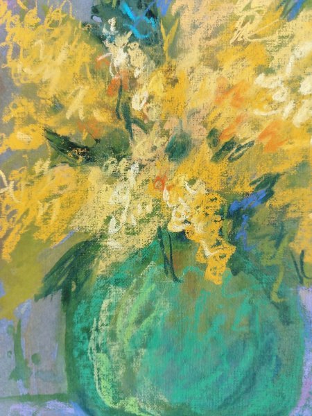 Additional view 5: Expressionism Still-Life Painting Mimosa Flower in Green Vase – by painter Nino Gudadze pastel paper 