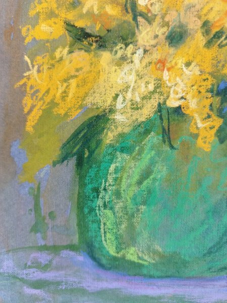 Additional view 6: Expressionism Still-Life Painting Mimosa Flower in Green Vase – by painter Nino Gudadze pastel paper 