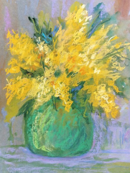 Additional view 7: Expressionism Still-Life Painting Mimosa Flower in Green Vase – by painter Nino Gudadze pastel paper 